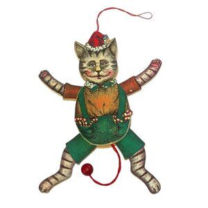 Vintage Articulated Wood Cat Susan Feves Holiday 1985 Ornament Christmas Pull